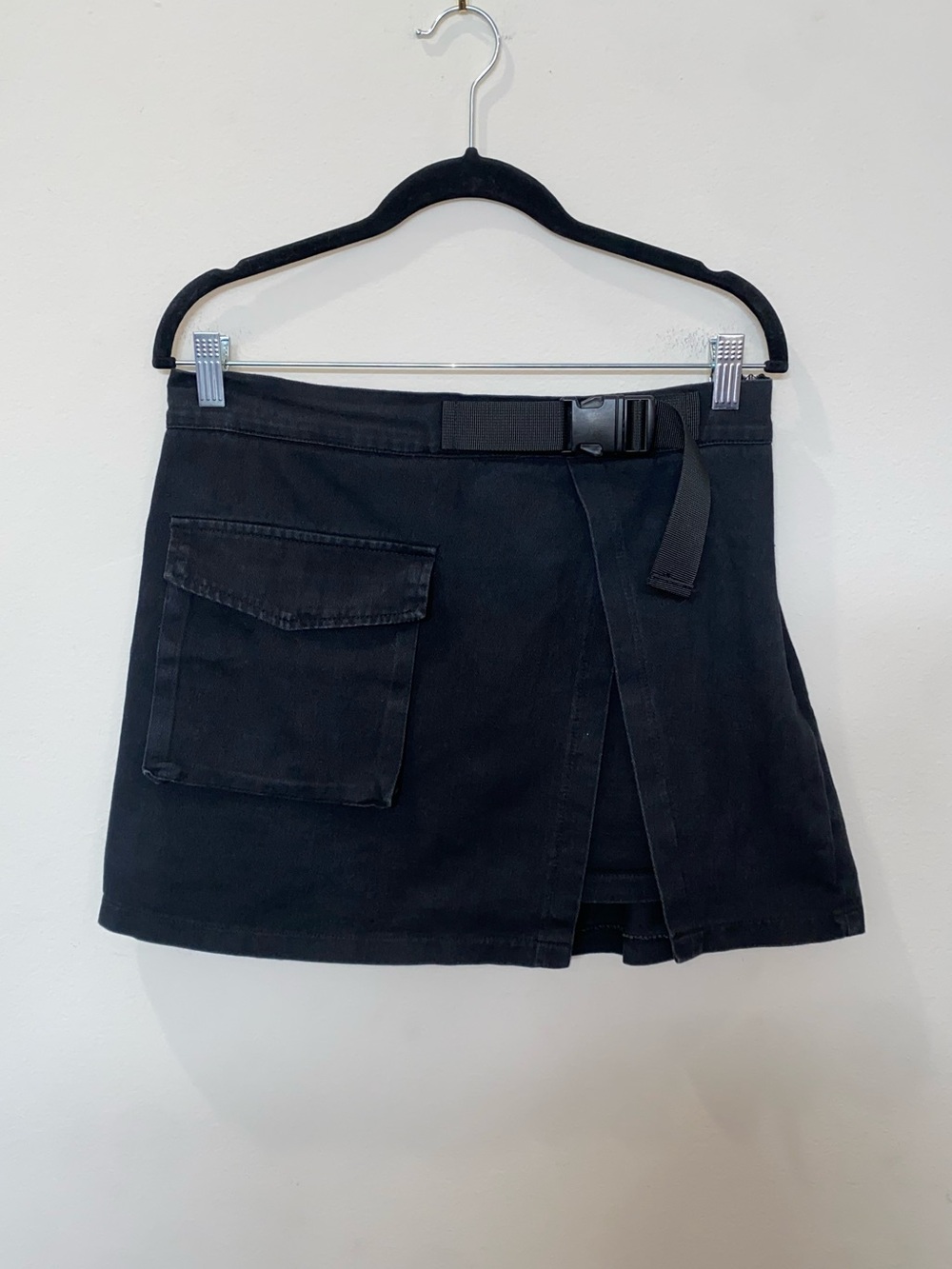 Black Bikercore Moto Utility Cargo Mini Skirt with Tactical Release Belt